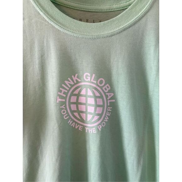 🐿️NWT Urban Outfitters Rebels & Nomads Green & White Think Global Graphic Tee - Picture 4 of 6